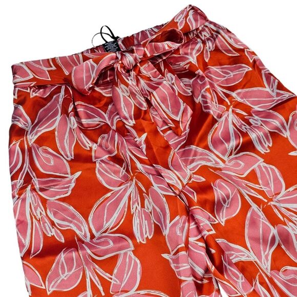 Sincerely Jules -184‎ Red Satin Tropical Floral Tie Belt Pleated Pants Medium - Picture 2 of 8
